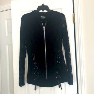 Black lace hooded zip up top/jacket.
